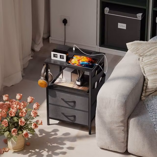 HOMCOM Slim Black Side Table with Charging Station