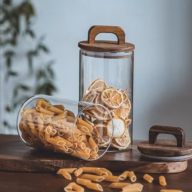 Livingandhome Airtight Glass Food Storage Jar with Wooden Lid, Brown and Transparent, 1000ml