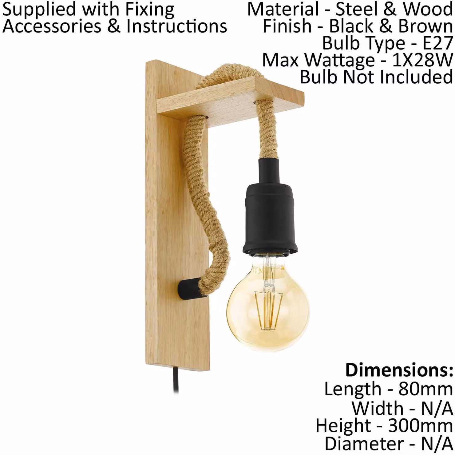 Loops Modern LED Wall Light Sconce in Black and Wood with E27 Bulb Compatibility – 2
