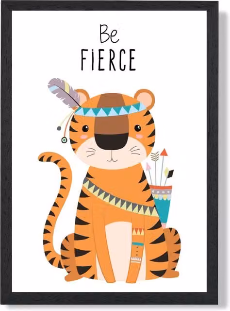 ARTZE Be Fierce Tiger Tribal Animal Quote Framed Print, Orange and Black, A3