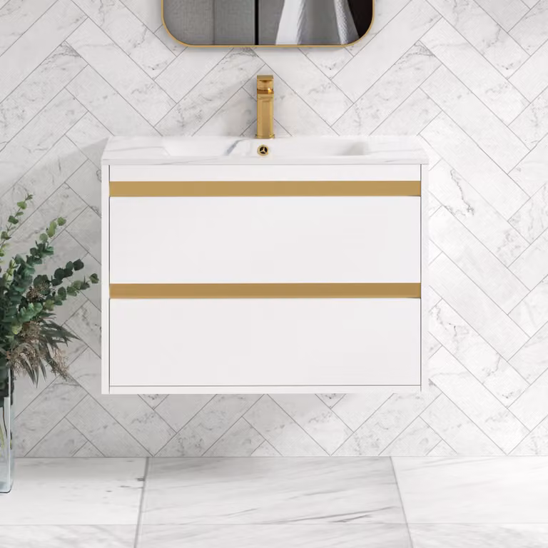 Royal Bathrooms Orion 800mm Wall Hung Vanity Unit with 2 Drawers, Matt White Finish, Carrara White Basin and Brushed Brass Accent Trim