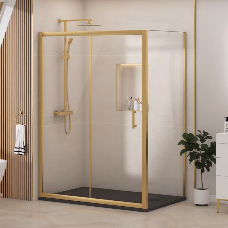 Royal Bathrooms Venice Sliding Door Shower Enclosure with Side Panel and Black Slate Effect Mineral Cast Stone Shower Tray, Brushed Brass and Black, W: 100 cm, D: 90 cm, H: 185 cm, 6mm Glass