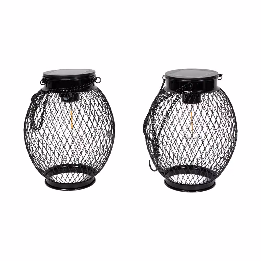 ValueLights Black Metal Mesh Cage Solar Powered Outdoor Garden Lantern Lights, 2 Pack – 2