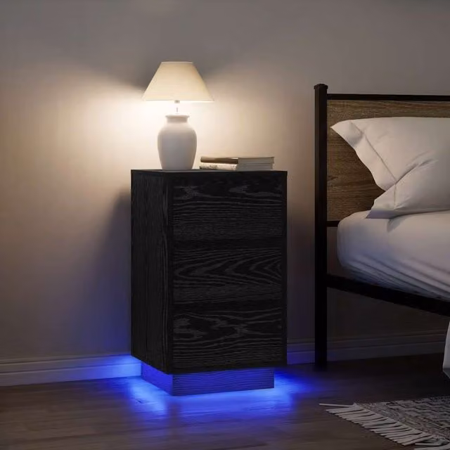 Berkfield Home Modern Black Bedside Cabinet with Integrated LED Lights W/D/H: 38 x 34 x 65 cm