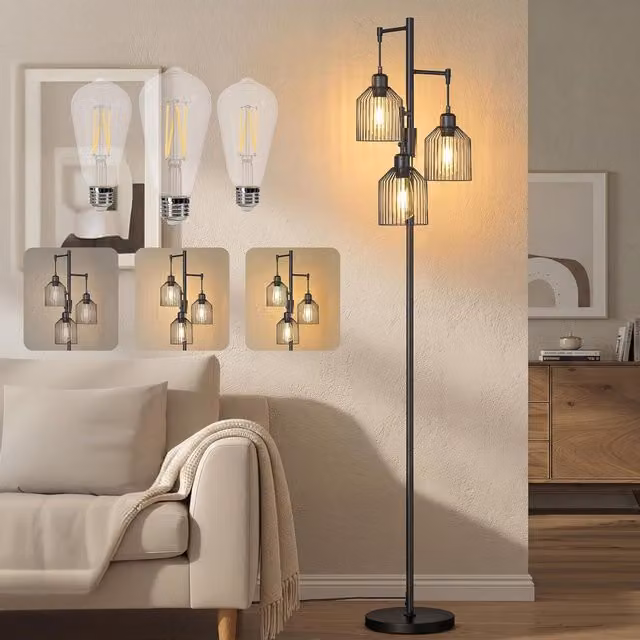VASAGLE Industrial Floor Lamp with 3 Dimmable LED Bulbs and Metal Shades, Black
