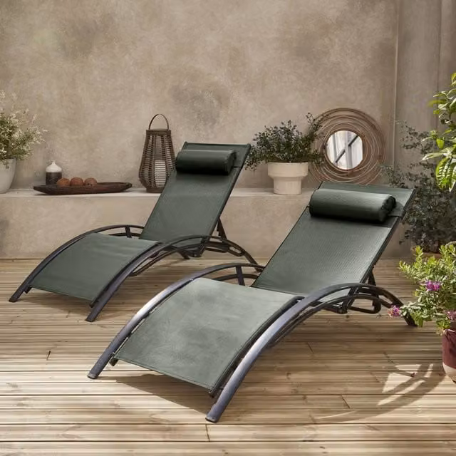sweeek Set of 2 Grey Aluminium and Textilene Sun Loungers with 4 Reclining Positions – 1