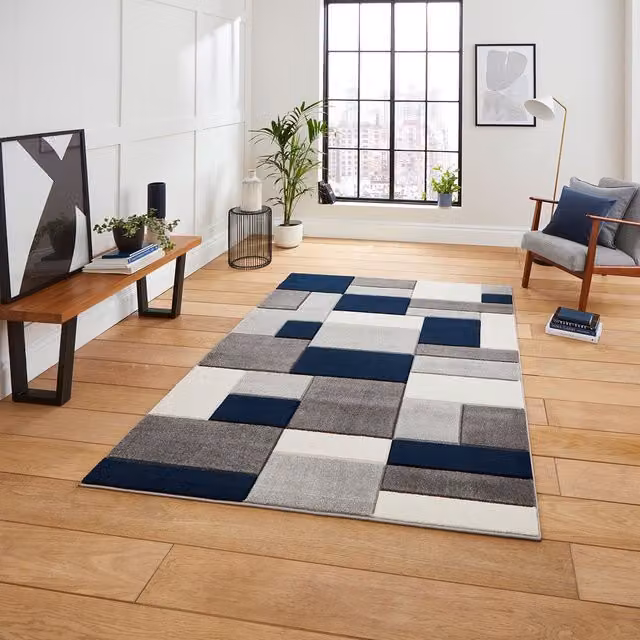 Terrys Modern Geometric Rectangular Rug in Grey and Blue