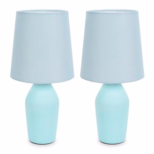 ValueLights Set of 2 Duck Egg Blue Ceramic Table Lamps with Tapered Fabric Lampshades and LED Bulbs Included