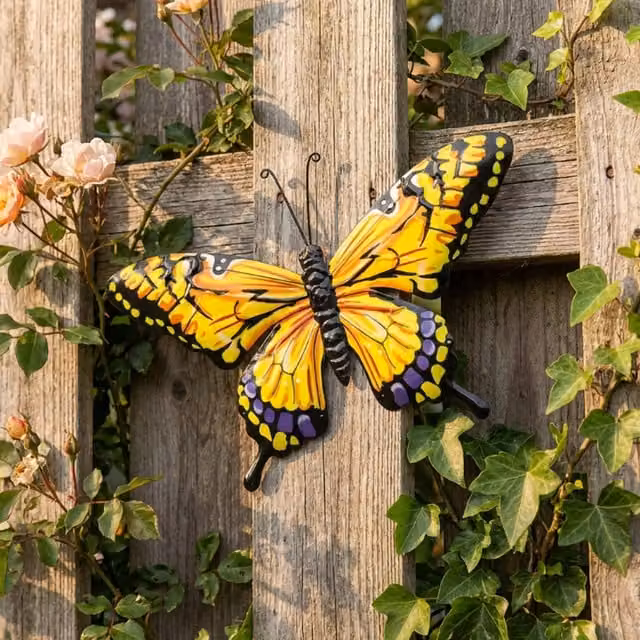 Betley Butterfly Large Metal Wall Art Garden Fence Decoration in Yellow and Orange