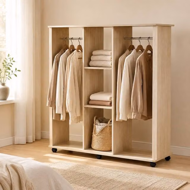 STILVORA Wardrobe with Shelves and Wheels in Sand, W/D/H: 120 x 40 x 128 cm