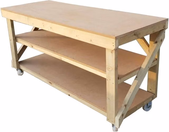 Arbor Garden Solutions Natural MDF Top Workbench with Double Shelf and Wheels