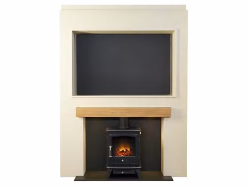 Acantha Pre-Built Stove Media Wall 2 with TV Recess and Aviemore Electric Stove in Black, W/D/H: 225.0 x 43.3 x 166.0 cm – 2