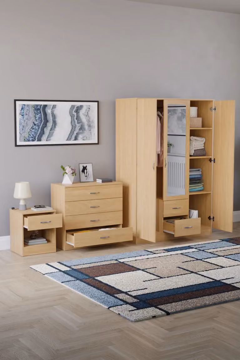 Vida Designs 3 Piece Modern Bedroom Set in Brown including Bedside Table, 4 Drawer Chest and Mirror Wardrobe