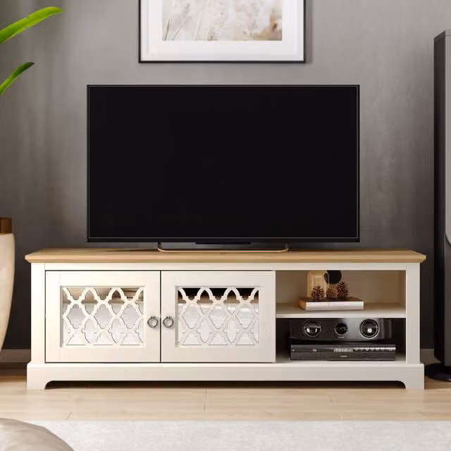 GFW Honiton Modern 2 Door TV Unit in Ivory, White and Beige with Geometric MDF Design