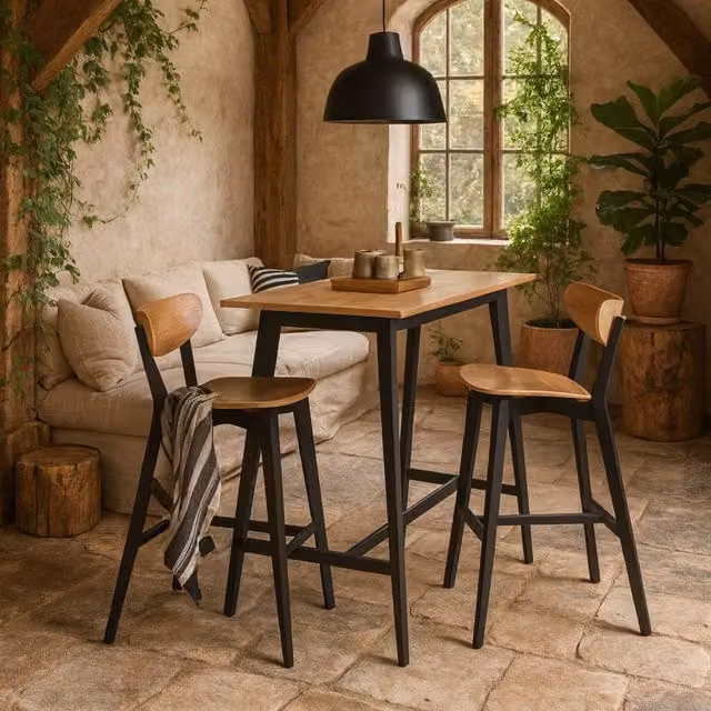Wyld Haus Krakow Rectangular Bar Table and 2 Stools in Natural Oak Effect and Black – 1