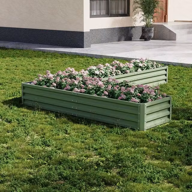 Livingandhome L-Shaped Galvanised Steel Raised Garden Bed in Green