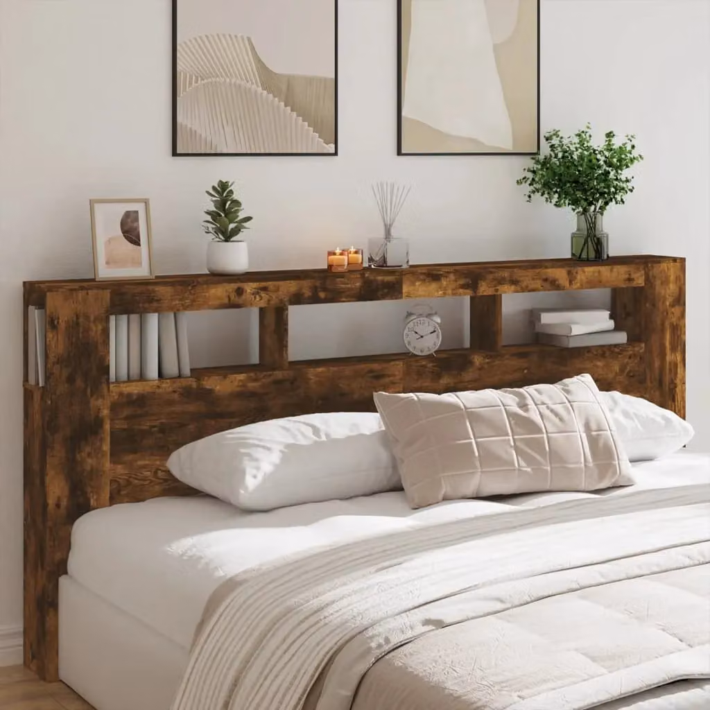 Berkfield Home Smoked Oak LED Headboard in Brown with Integrated Shelf and USB Charging Port, W: 220 cm, D: 18.5 cm, H: 103.5 cm – 4
