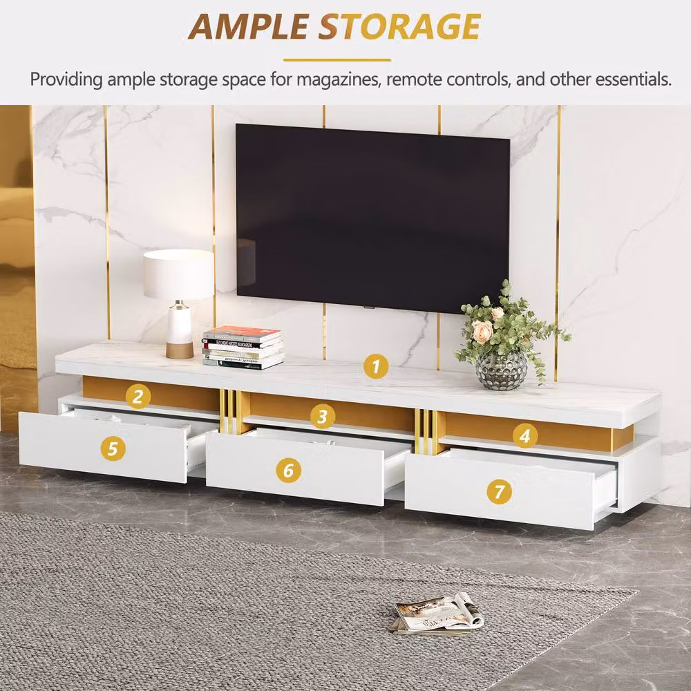 BTM Luxury Modern TV Stand with Faux Marble Top, Golden Panels and 3 Drawers in White and Gold, W/D/H: 220 x 40 x 42 cm – 3