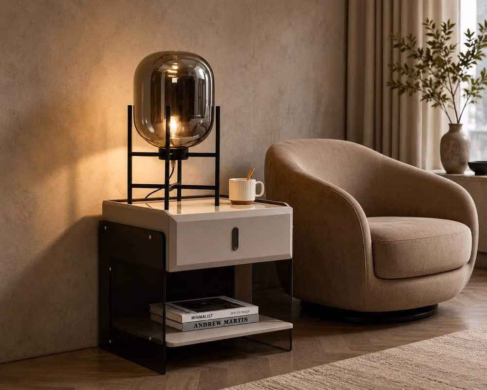 7seas Modern Bedside Table with Acrylic Side Panels in Beige, W: 48 cm, D: 39 cm, H: 46.5 cm – 6