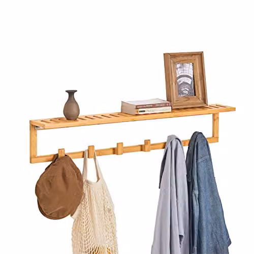 SoBuy FHK06-N Brown Lacquered Bamboo Wall Mounted Coat Rack and Towel Shelf with 6 Hooks – 2