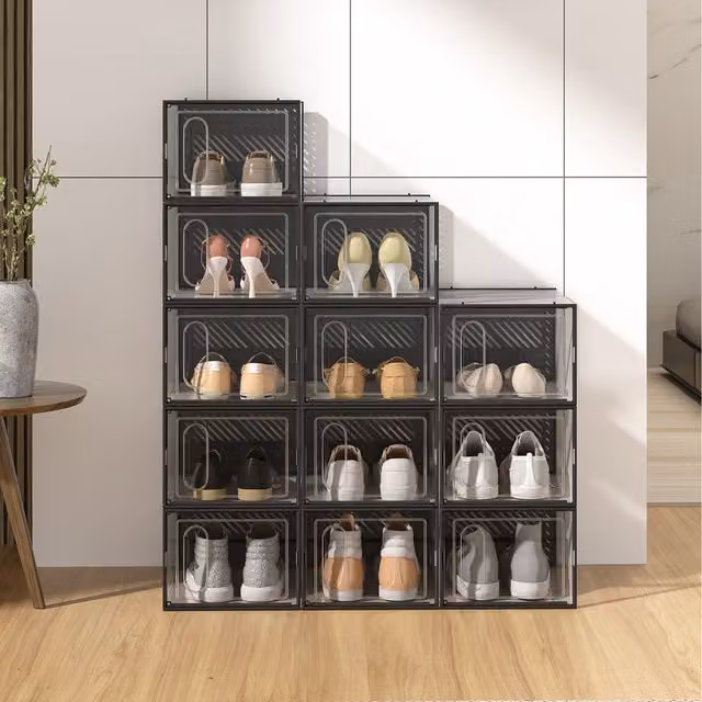Lifeideas Set of 12 Stackable Black and Transparent Plastic Shoe Storage Boxes