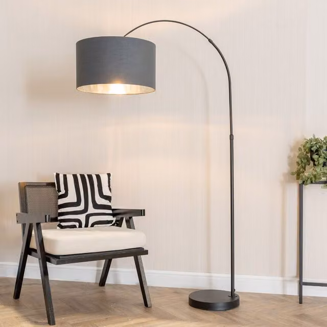 ValueLights Louis Black Arched Floor Lamp with Anthracite Fabric Drum and Chrome Inner Shade including Warm White Bulb – 1