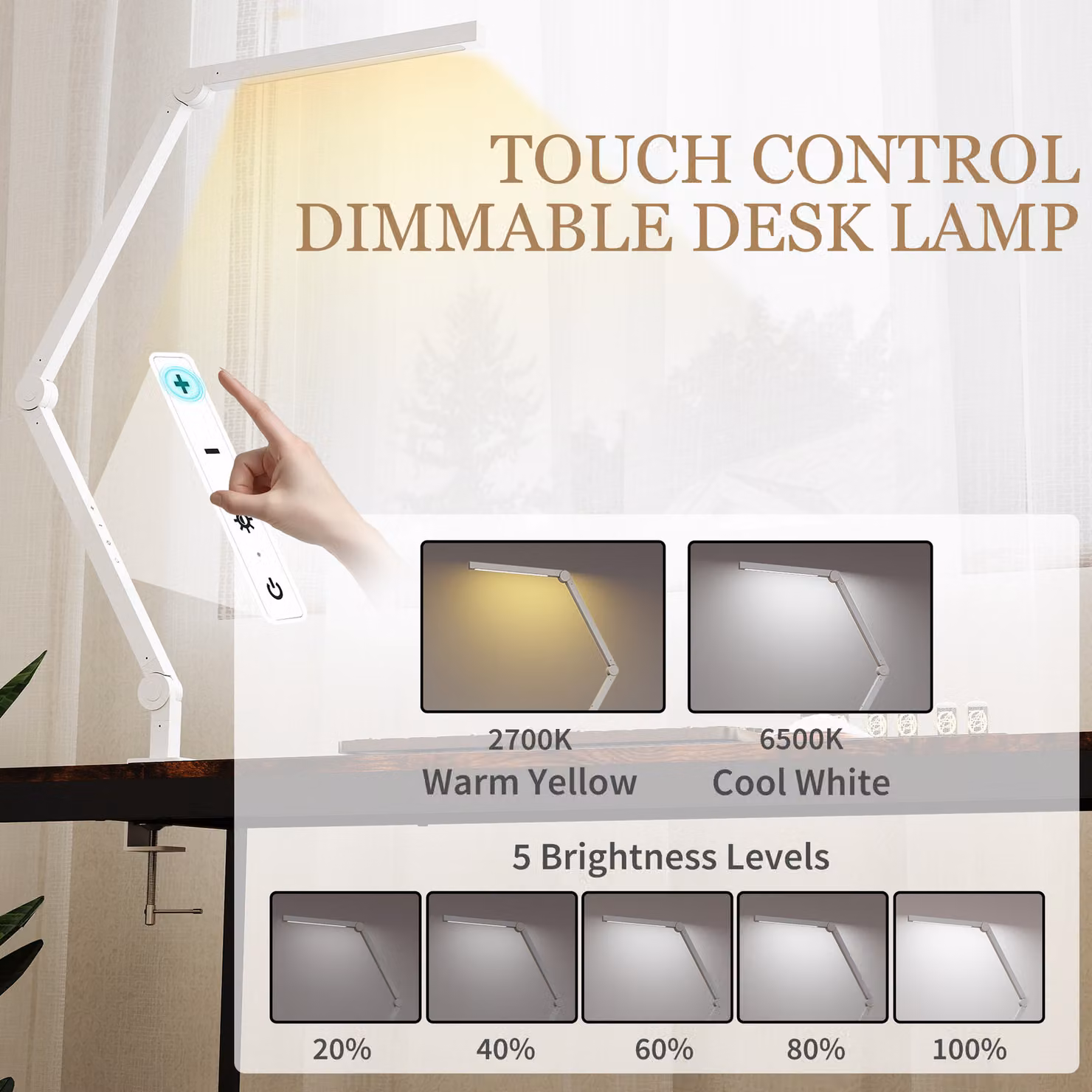 HOMCOM LED Desk Lamp in White, Dimmable and Adjustable Task Light with Clamp and Touch Control – 3