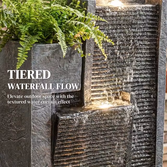 Outsunny Freestanding Resin Cascade Water Feature with Planter in Dark Grey