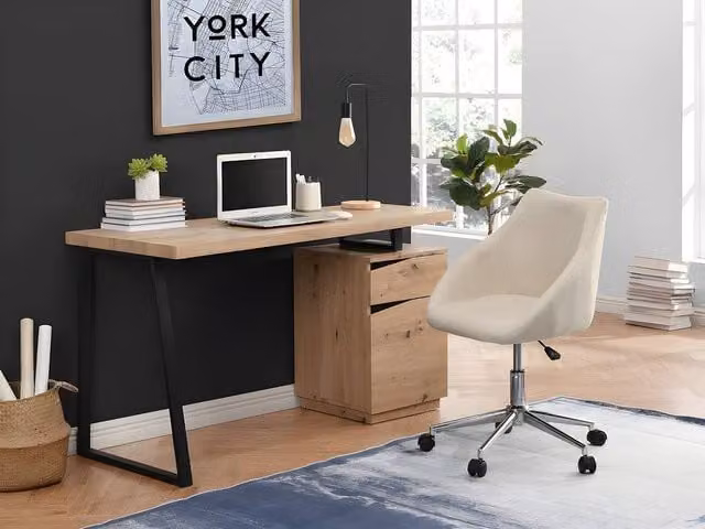 Vente-unique GOTAMA Writing Desk with 1 Drawer and 1 Door in Oak and Black, W/D/H: 140 x 60 x 75 cm – 1