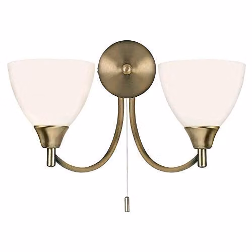 Netlighting Alton Classic Two Light Dimmable Pull Chain Wall Light in Gold and White with Opal Glass, E14, H 33.0 cm x W 19.0 cm x D 15.5 cm