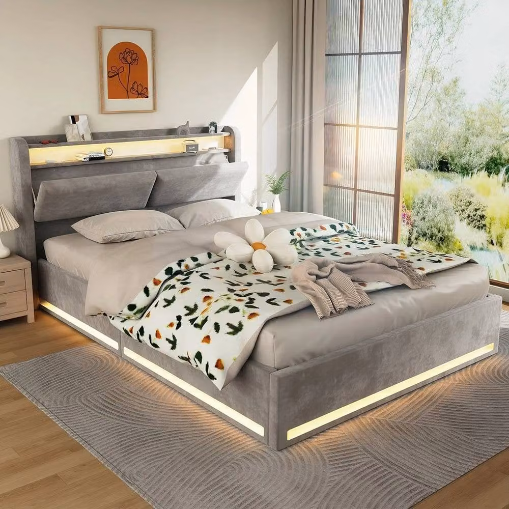 PAWNORA Upholstered Double Bed Frame with Lift Up Base in Grey – 3