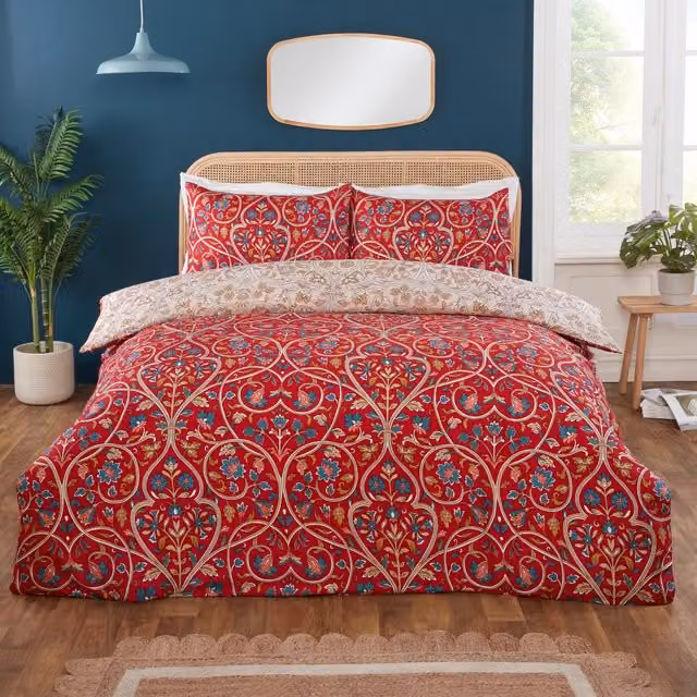 Rapport Home Harrow Red Floral Reversible Microfibre Duvet Cover and Pillowcase Set, W/D/H: 90 x 200 cm