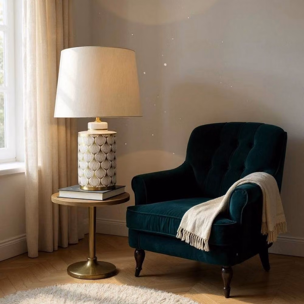 Minster Ceramic Tabletop Lamp and Shade in Brown and Beige, W/D/H: 43 x 33 x 65 cm – 3