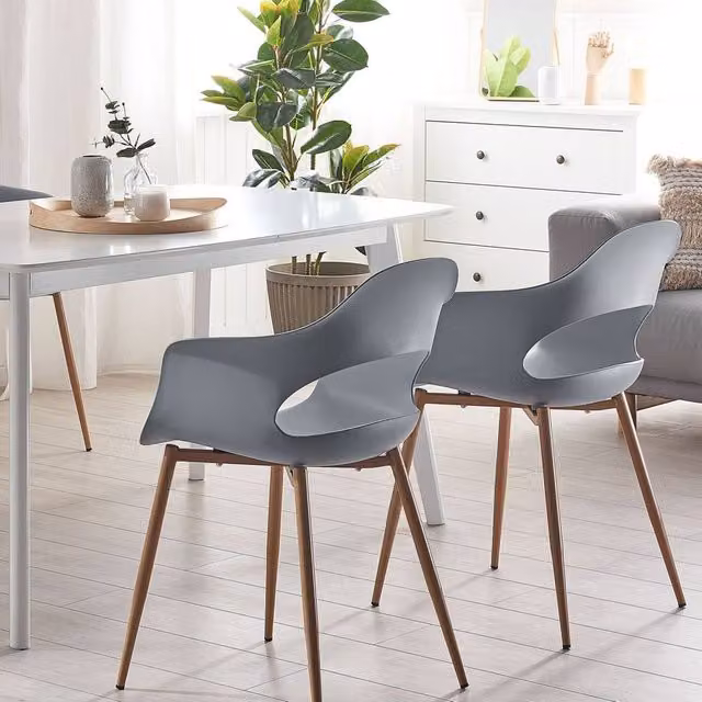 Wyld and Coco Set of 2 Modern Grey Synthetic Dining Chairs with Armrests and Metal Legs