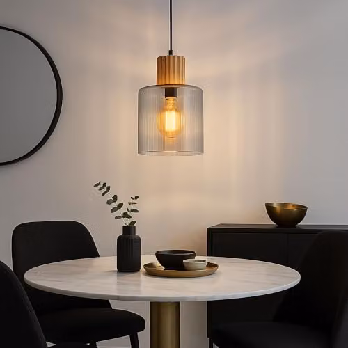 Netlighting Aleidis Industrial Pendant Light with Smoky Glass Shade and Wood and Metal Details, Black and Brown, Height: 120 cm – 2