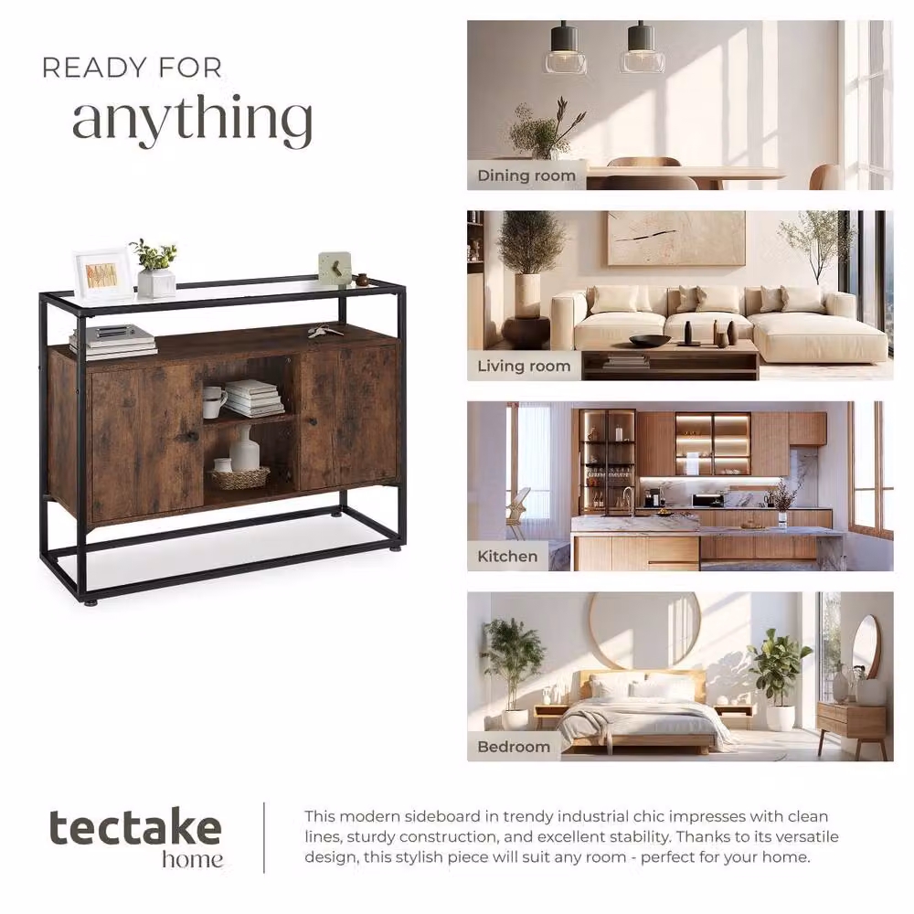 tectake Oldham Industrial Sideboard with Glass Top and Open Shelves in Brown and Black – 7