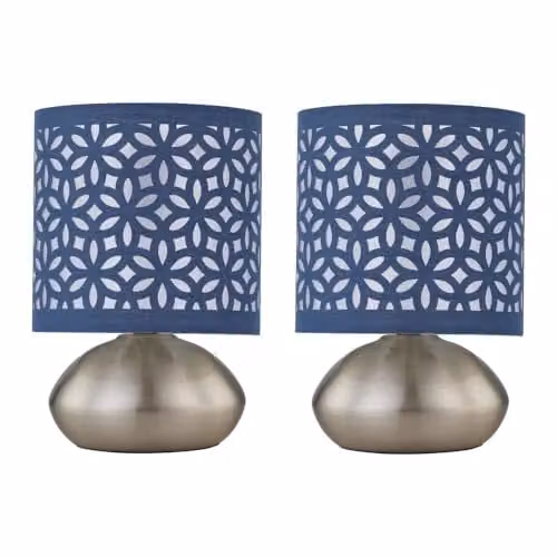First Choice Lighting Jenson Set of 2 Brushed Chrome Touch Table Lamps with Blue Fabric Cut Out Shades – 1