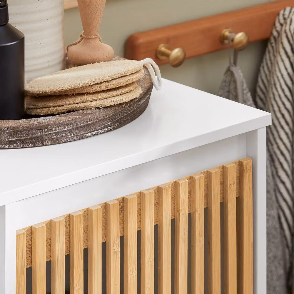 SoBuy Slim White Bathroom Cabinet with Bamboo Slat Front and Laundry Basket – 5