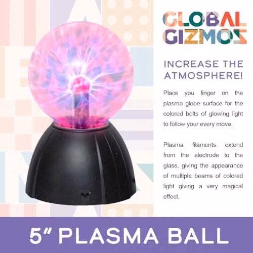 Global Gizmos 48929 5 Inch Mega Plasma Ball Night Light with Touch and Sound Activation, Multicoloured Lightning Display, USB Powered, Black – 3
