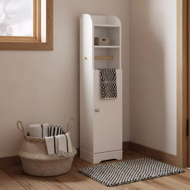 Wyld Haus Vale Compact Narrow White Bathroom Storage Cabinet with Internal Shelves and Open Shelf