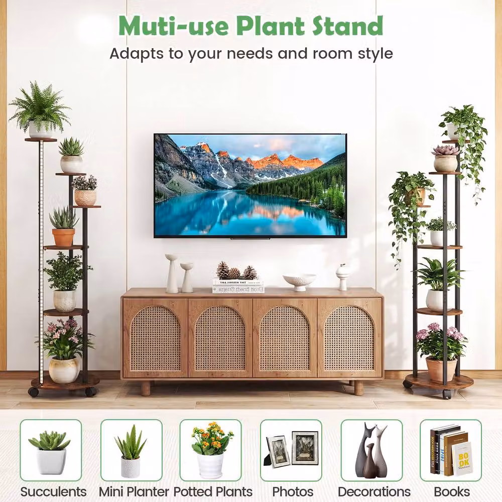 Gymax 6-Tier Round Metal Indoor Plant Stand with Wheels and 16-Colour LED Lights in Brown – 6