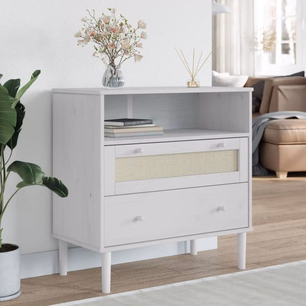 Berkfield Home Senja Sideboard in White Rattan Look Solid Pine Wood, W/D/H: 80 x 40 x 80 cm – 2