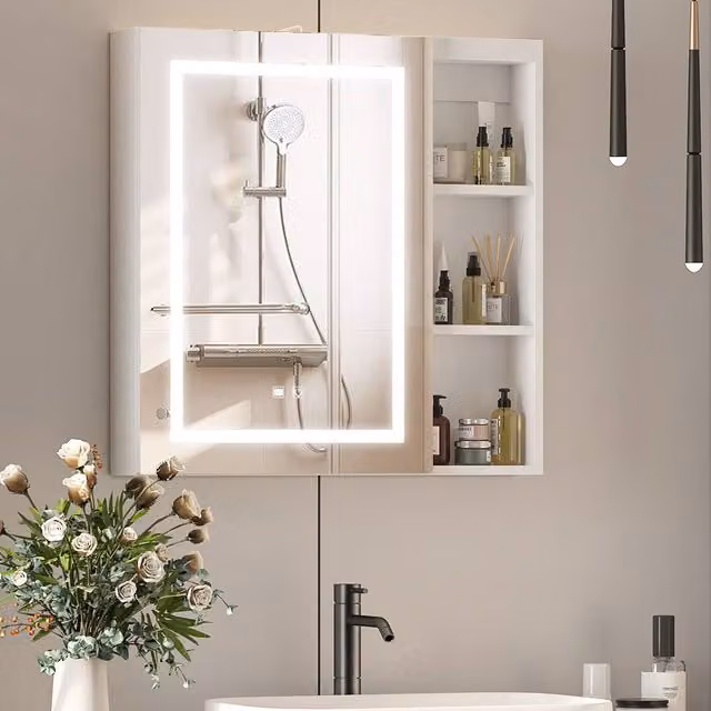 KEEPREAPER White Mirrored Bathroom Cabinet with 3-Colour LED Lighting, Shaver Socket, Demister and Open Shelf, W/H: 70 x 70 cm – 1