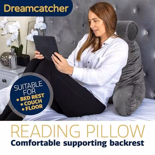 Dreamcatcher Grey Velvet Memory Foam Reading Pillow with Contoured Neck and Back Support – 2