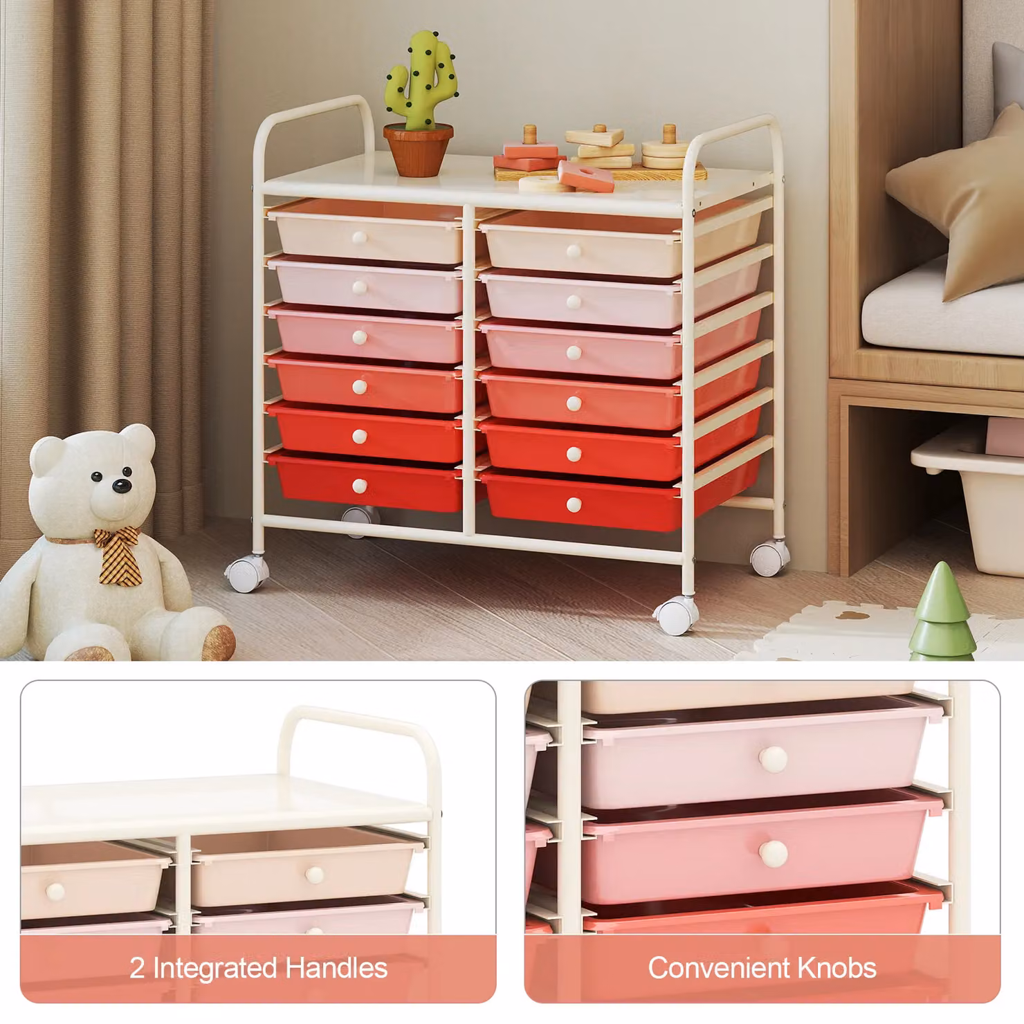 Gymax 12-Drawer Multi-Purpose Utility Rolling Storage Cart with Handles in Pink – 7