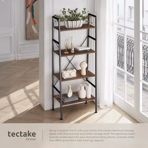 tectake Newcastle 4-Tier Ladder Shelf with Open Back Design in Brown – 4