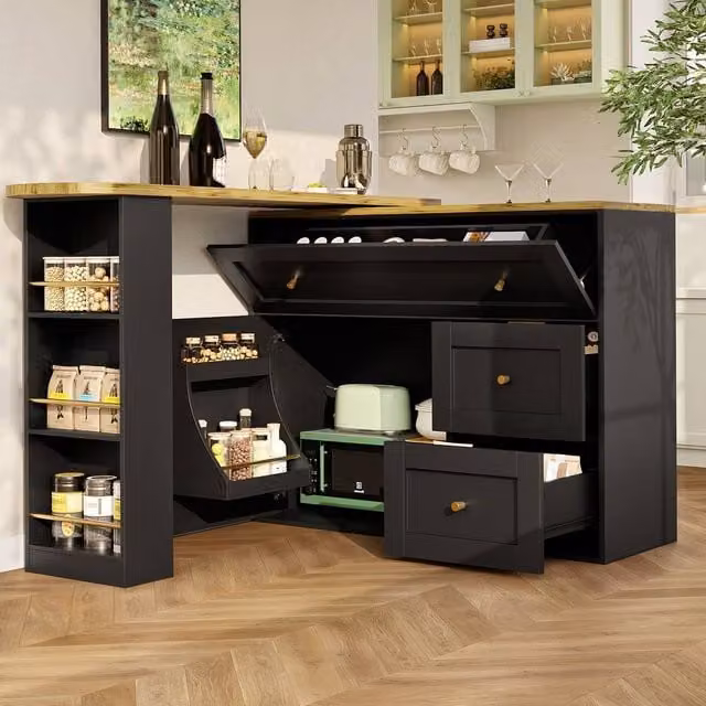 BTM Extendable Bar Table with Storage and Snack Shelf in Black, W/D/H: 105.0 x 39.0 x 138.0 cm