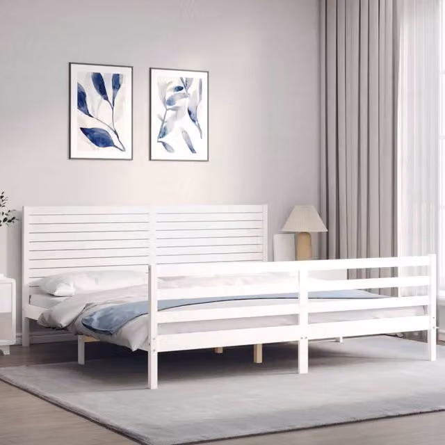 Berkfield Home Beautiful Solid Wood Bed Frame with Headboard, White, Super King Size