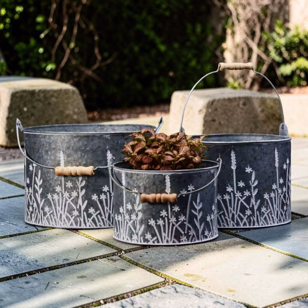 Four Candle Set of 3 Metal Meadow Pattern Ornamental Planter Tubs in Grey, W/D/H: 47.0 x 36.0 x 23.0 cm – 2