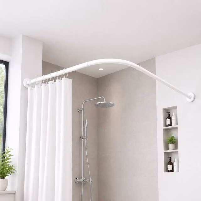 FLAVORA L-Shape White Metal Shower Curtain Rail Pole, W: 100 cm, D: 40 cm